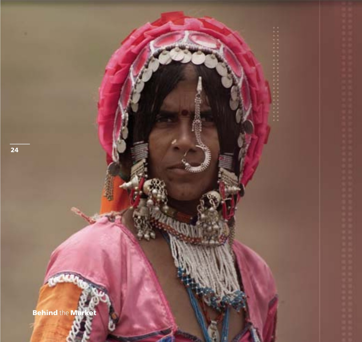 Full page from Behind the Market: portrait of a woman in traditional headdress and jewellery, under the heading Sorghum farmers and poultry feed in India