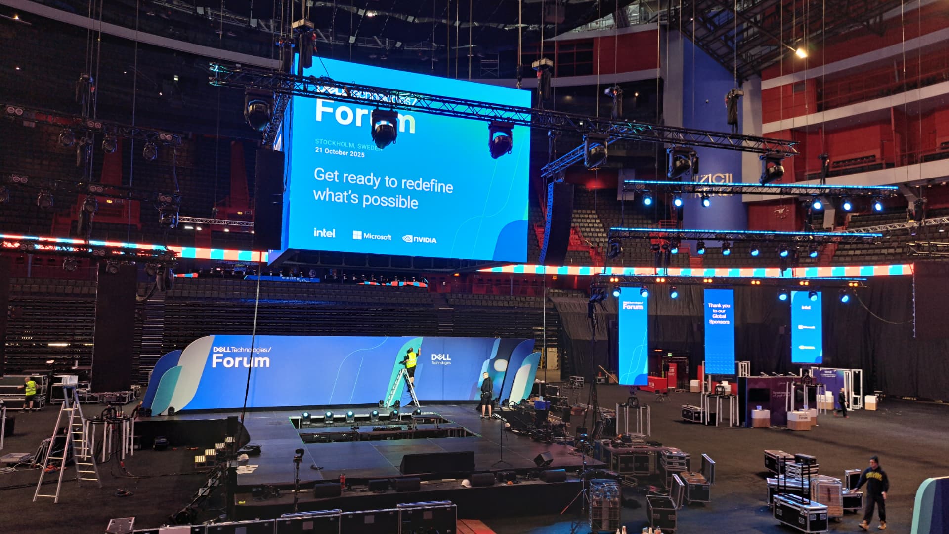 The Dell Technologies Forum stage being built in a Stockholm arena